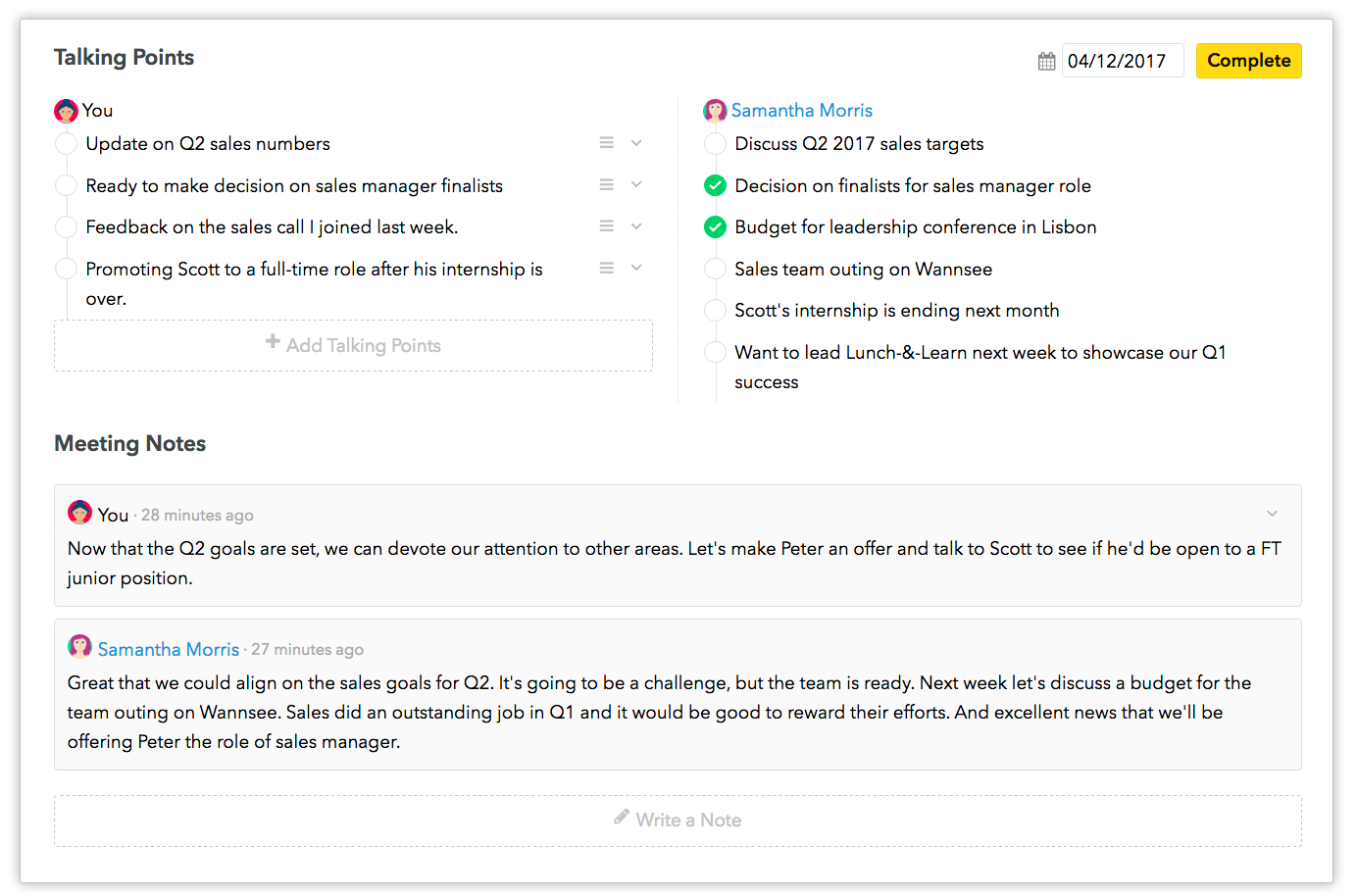 1:1 Support using Taling Points and Meeting notes