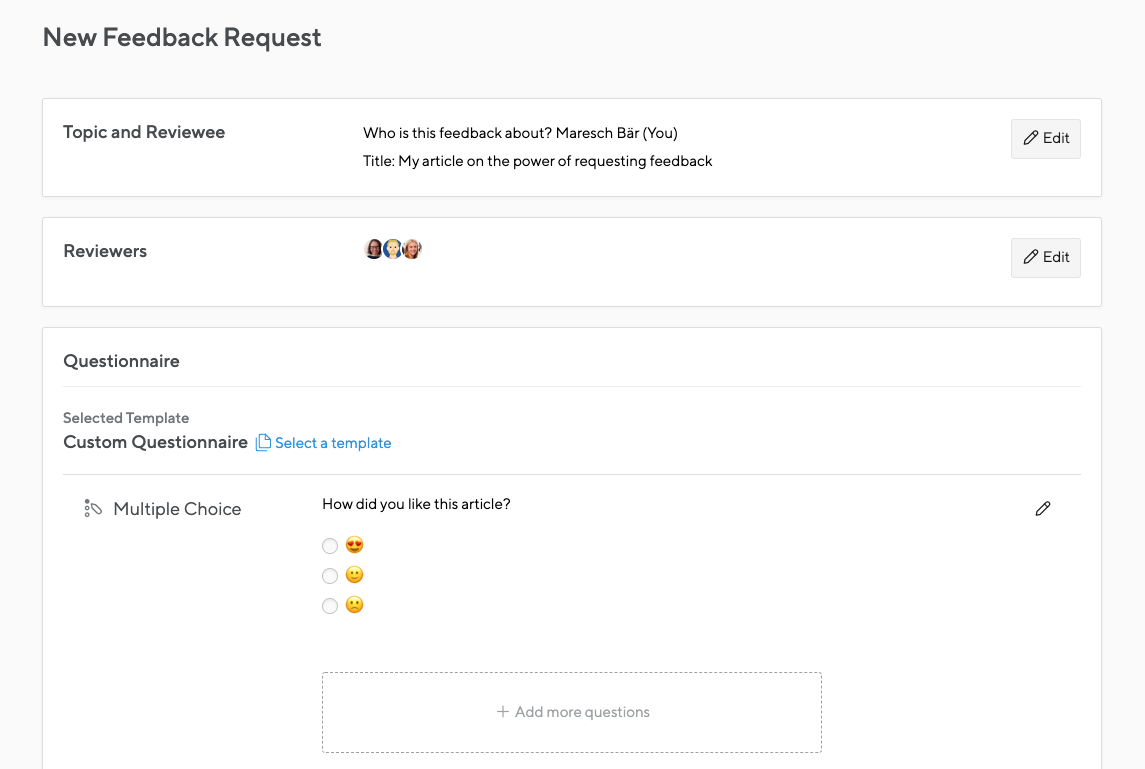 Screenshot of the "Feedback Request" screen in Small Improvements