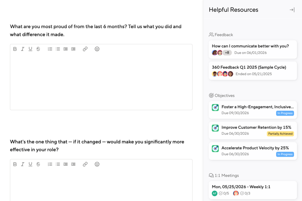 Performance Review form with sidebar resources