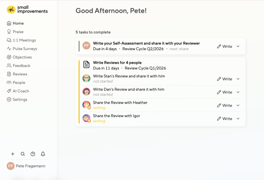 Dashboard with todo-items for a manager